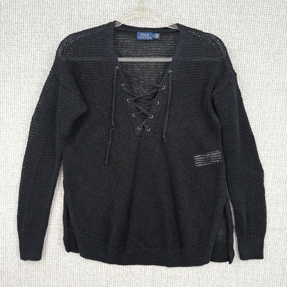 Polo Ralph Lauren Lace-Up Knit Sweater Sz M Open Weave Long Black Goth‎ Y2K Boho - Picture 1 of 10